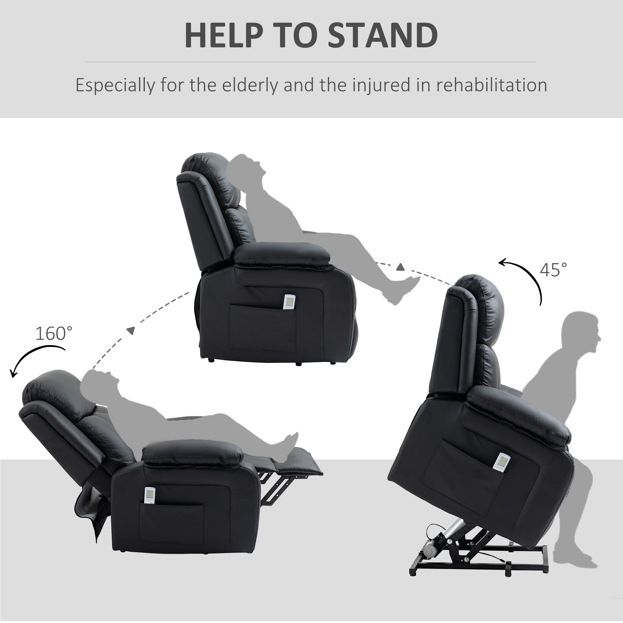 HOMCOM Riser and Recliner Chair with Massage, Power Lift Recliner Chair for Elderly with Remote Control, Extended Footrest, Dual Side Pockets, Overstuffed Electric Reclining Armchair, Black